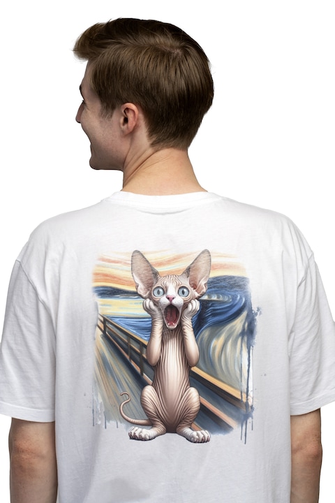 Мъжка тениска с изплашена/изумена котка сфинкс, държаща се за ръце отпред, илюстрация, известна картина, картина с бяла дръжка, Чисто бяло