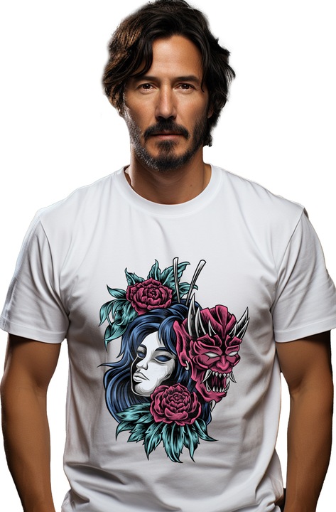 Мъжка тениска с чудовище, жена, глава на демон, цветя, листа, фантазия,, Бял