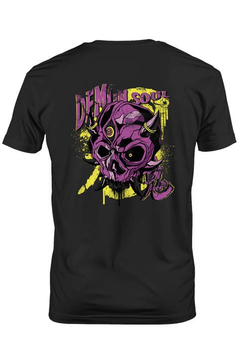 Мъжка тениска с надпис на английски Demon Soul, Skull, Eyes, Horns, Тъмно черно
