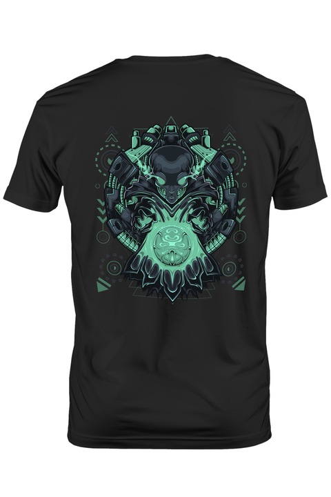 Tricou Barbati Cu Extraterestru, Robot, Mecha, Cyberpunk, Geometric, cu imprimeu pe Spate, 100% Bumbac, Negru, XL