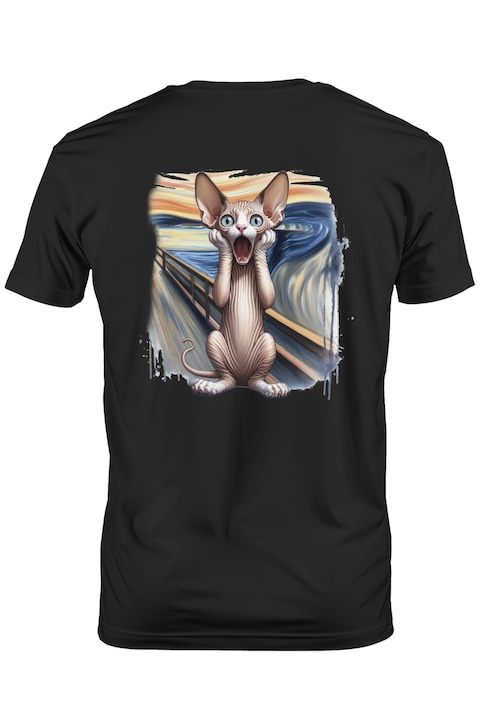 Мъжка тениска с изплашена/изумена котка сфинкс, държаща се за ръце отпред, илюстрация, известна картина, картина с бяла дръжка, Тъмно черно