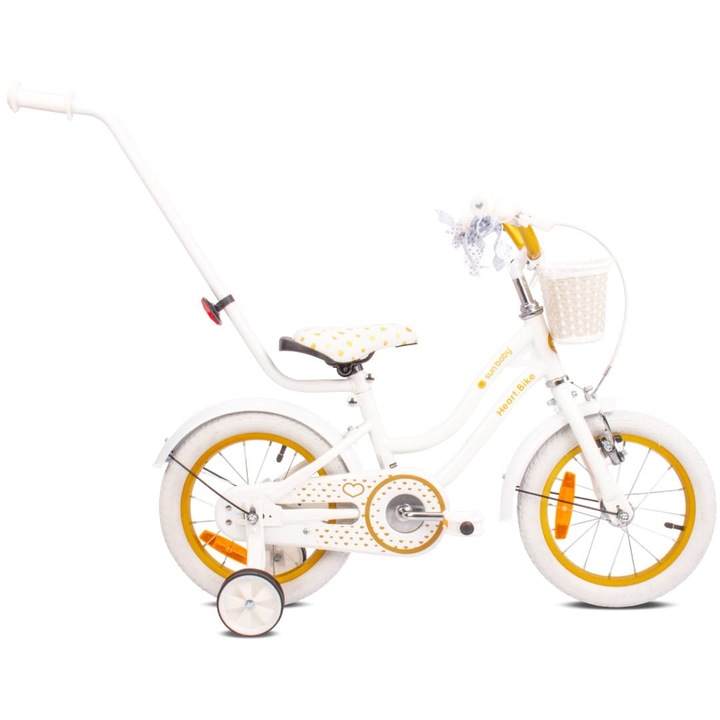 Bicicleta pentru fetite, Sun Baby, Heart Bike, 14 inch, 90x48x65 cm, 3-5 ani, cadru din otel, cu maner de impins, roti ajutatoare, cosulet, alb/auriu