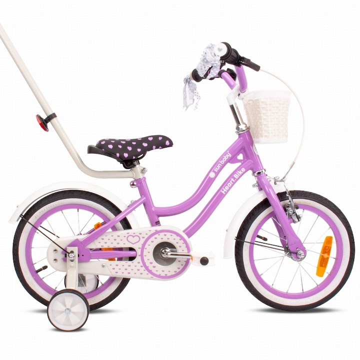 Bicicleta pentru fetite, Sun Baby, Heart Bike, 14 inch, 90x48x65 cm, 3-5 ani, cadru din otel, cu maner de impins, roti ajutatoare, cosulet, mov