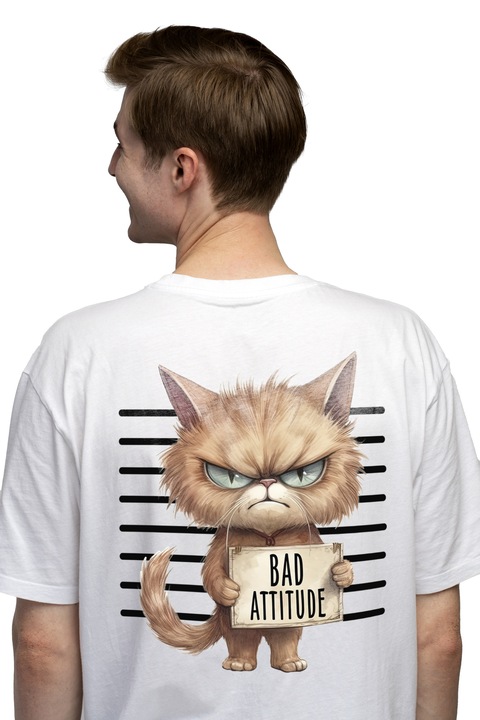 Мъжка тениска с котка в затвора с послание "Лошо отношение", неадекватно отношение, неадекватно поведение, илюстрация, гняв, Чисто бяло