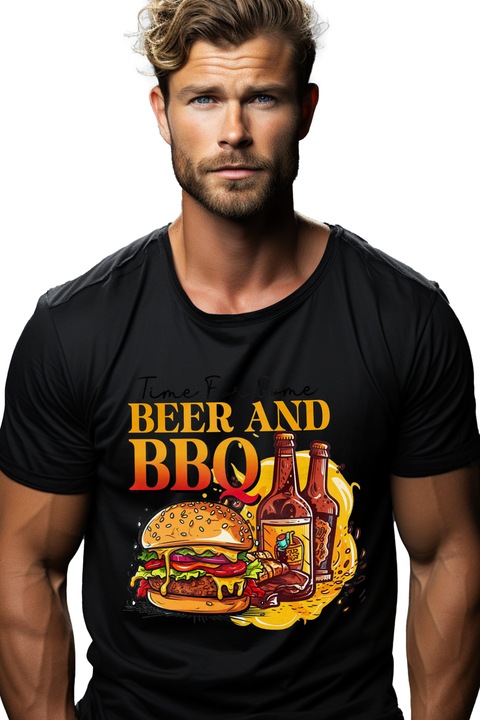 Мъжка тениска с надпис "Време е за малко бира и барбекю", готвене, илюстрация, кухня, бира, пържола, вкусно с бяла дръжка, Черен