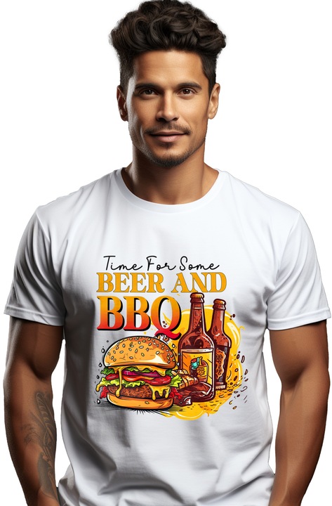 Мъжка тениска с надпис "Време е за малко бира и барбекю", готвене, илюстрация, кухня, бира, пържола, вкусно с бяла дръжка, Бял