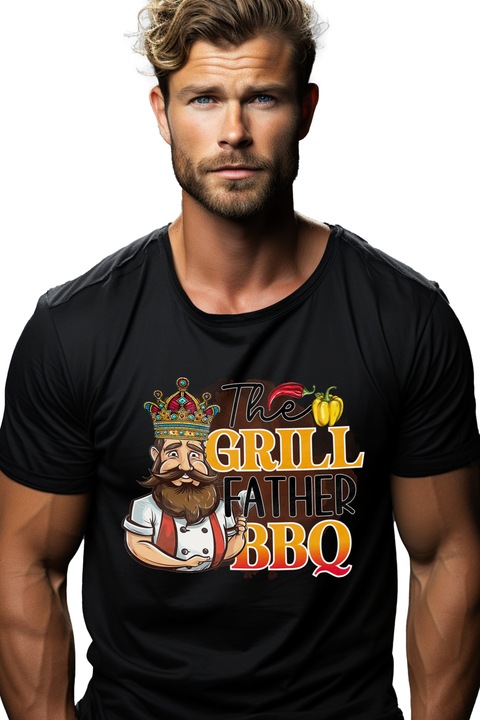 Мъжка тениска с надпис "Бащата скара, барбекю", готвене, илюстрация, кухня, баща, пържола, скара, вкусно, чушки с бяла дръжка, Черен