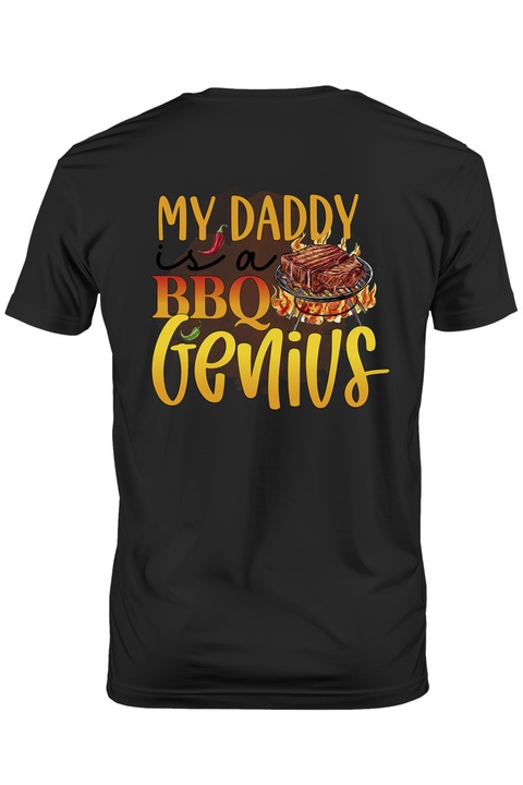 Мъжка тениска с послание "Моят татко е барбекю гений", готвене, илюстрация, кухня, татко, барбекю гений, пипер, кафяв фон с бяла дръжка, Тъмно черно