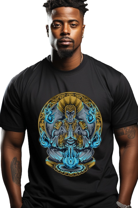 Мъжка тениска с олтар, пламъци, фантазия, каска, мъж, божество,, Черен