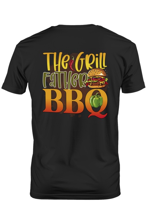Мъжка тениска с надпис "Бащата скара, барбекю", готвене, илюстрация, кухня, пържола, скара, чушки, хамбургер, баща, страст с бяла дръжка, Тъмно черно