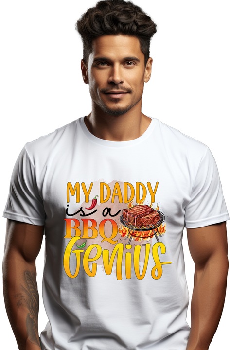 Мъжка тениска с послание "Моят татко е барбекю гений", готвене, илюстрация, кухня, татко, барбекю гений, пипер, кафяв фон с бяла дръжка, Бял