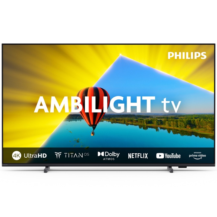 Телевизор Philips, 55PUS8079/12, 55" 4K UHD DLED, 3840x2160, DVB-T/T2/T2-HD/C/S/S2, 60Hz, Ambilight 3, Pixel Precise UHD, HDR+, Titan ОС, Dolby Atmos, VRR, 3*HDMI, 2*USB, Черен