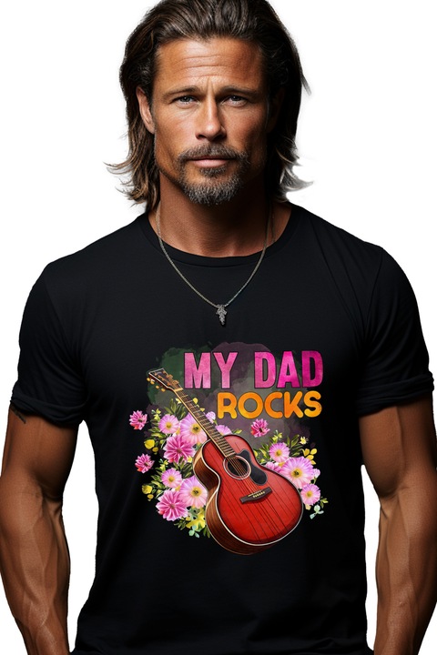 Tricou Barbati cu o chitara cu mesajul "My dad rocks", flori, tata, ilustratie, muzica, melodie, armonie cu Maner Alb cu imprimeu pe Fata, 100% Bumbac, Negru, XS