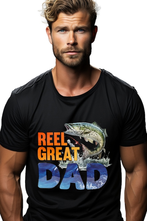 Tricou Barbati cu mesajul "Reel great dad", grozav, tata, ilustratie, peste, pescuit, lac, apa, pasiune, timp liber cu Maner Alb cu imprimeu pe Fata, 100% Bumbac, Negru, XS