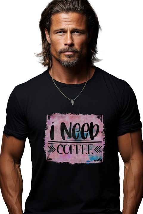 Мъжка тениска с надпис "Имам нужда от кафе", розов фон, имам нужда от кафе, илюстрация, течност, течност, зависимост с бяла дръжка, Черен