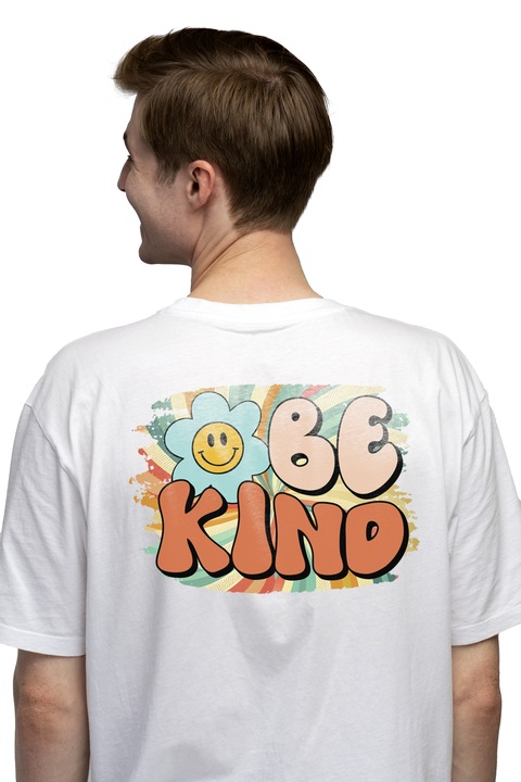 Tricou Barbati cu mesajul "Be kind", stilul hippie, cultura, ilustratie, psihedelic, fii bun, floare, bucurie cu Maner Alb cu imprimeu pe Spate, 100% Bumbac, Alb, S