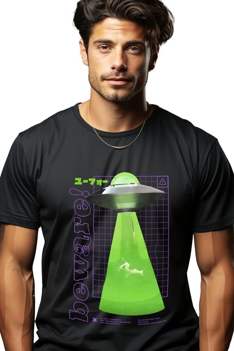 Tricou Barbati Nava Spatiala Extraterestrii, cu imprimeu pe Fata, 100% Bumbac, Negru, S