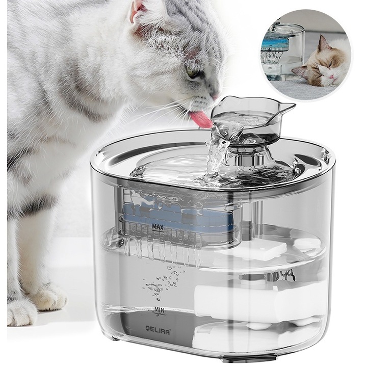 Fantana automata pentru apa, QELIRA® purificare, ultra-silentioasa, 2.2L, adaptor USB, pentru caini si pisici, transparenta