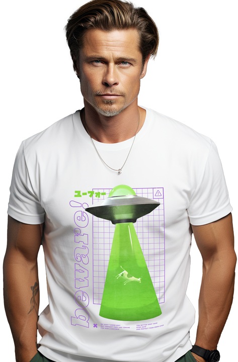 Tricou Barbati Nava Spatiala Extraterestrii, cu imprimeu pe Fata, 100% Bumbac, Alb, M