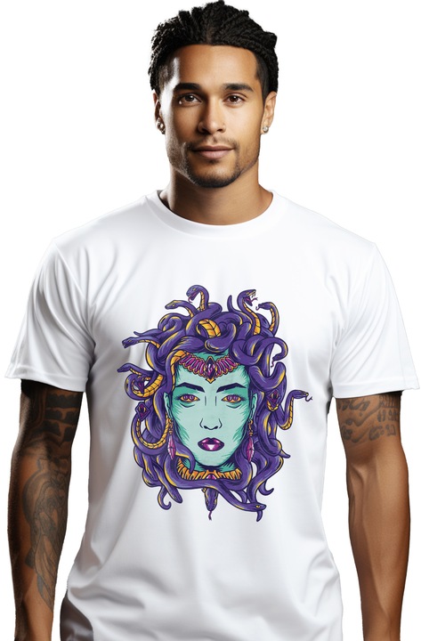Мъжка тениска Персонализирана, Medusa, Snakes, с щампа на лицето, 100% Памук, Бяла, L