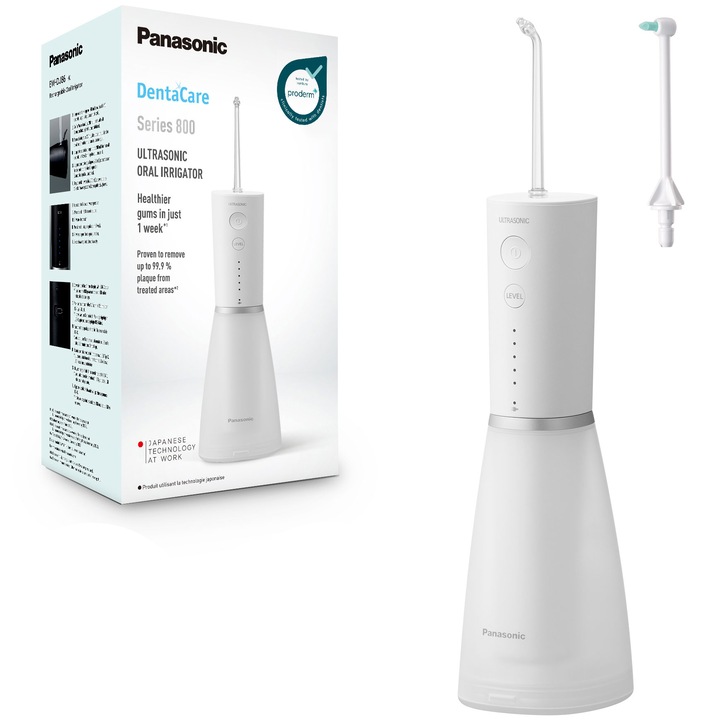 Зъбен душ Panasonic Ultrasonic EW-DJ86-W503, 5 нива на налягане, Бързо зареждане 1 ч, Преносим, Включени ортодонтски и ултразвукови дюзи, Капацитет на резервоара 200 мл, Бял