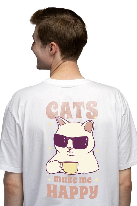 Персонализирана мъжка тениска за любителите на котки с надпис на английски Cats Make Me Happy, Чисто бяло