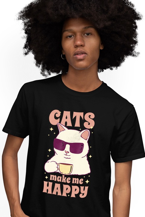 Tricou Barbati Personalizat Pentru Iubitorii de Pisici cu Mesajul in Engleza Cats Make Me Happy, cu imprimeu pe Fata, 100% Bumbac, Negru, L
