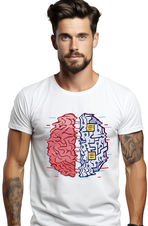 Мъжка тениска Personalized Brain VS Computer, Motherboard, Бял