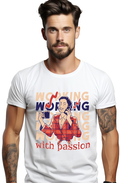 Мъжка тениска Working with Passion, Coffee, Hot Chocolate, Tea, Telefon, Call Center, Drink, Work, Work, 100% памук, бяла, L