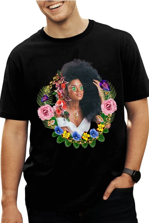 Мъжка тениска с женски портрет с къдрава коса, тюркоазен грим, цветни цветя, естествена красота, Черен