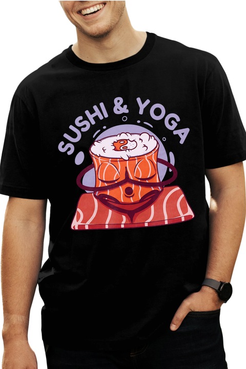 Мъжка тениска с послание Sushi&Yoga, Sushi Doing Yoga, Relaxae, Buddha, Yoga Lovers,, Черен