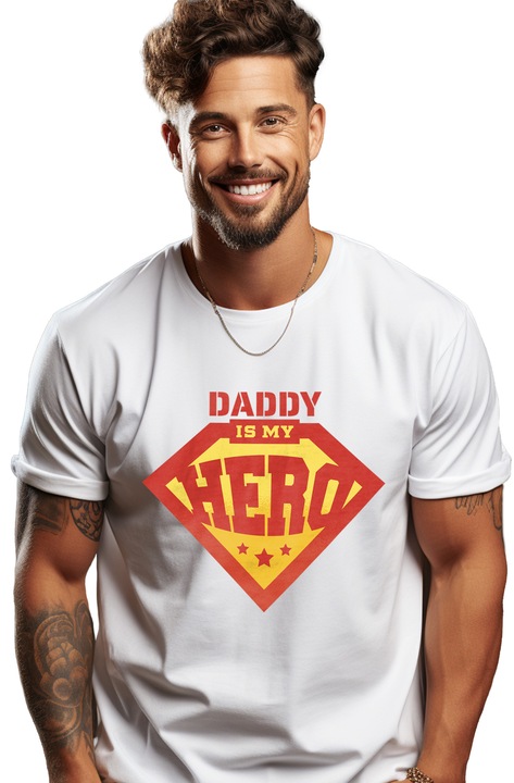 Персонализирана мъжка тениска Father Hero, Superman, с мотивиращо послание на английски, Daddy is My Hero, с щампа на лицето, 100% памук, бяла, XL