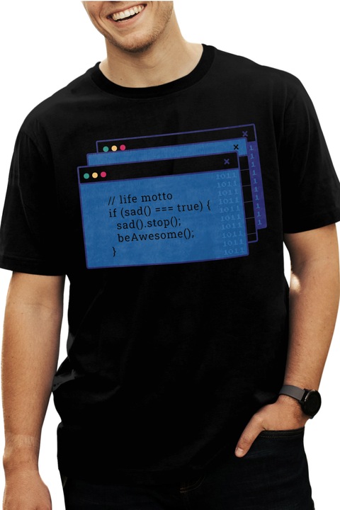 Tricou Barbati Cu Cod, Text Limba Engleza, If Sad True Sad Stop Be Awesome, Programatori, cu imprimeu pe Fata, 100% Bumbac, Negru, XS