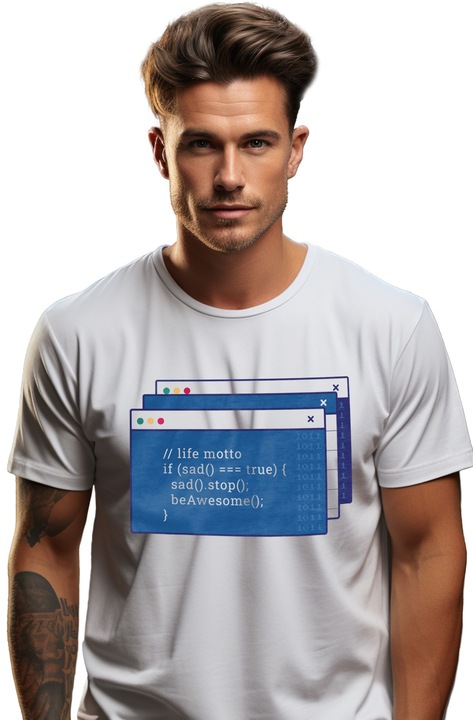 Tricou Barbati Cu Cod, Text Limba Engleza, If Sad True Sad Stop Be Awesome, Programatori, cu imprimeu pe Fata, 100% Bumbac, Alb, XS
