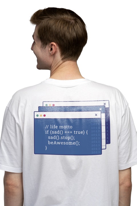 Мъжка тениска с код, текст на английски език, If Sad True Sad Stop Be Awesome, Programmers,, Чисто бяло