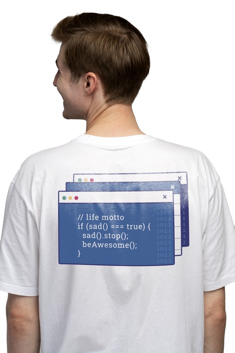 Tricou Barbati Cu Cod, Text Limba Engleza, If Sad True Sad Stop Be Awesome, Programatori, cu imprimeu pe Spate, 100% Bumbac, Alb, XS