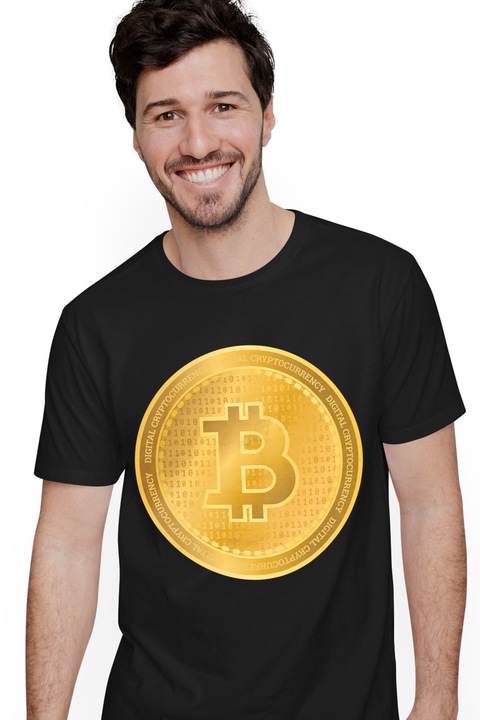 Мъжка тениска с биткойн символ, златна монета, виртуални валути, любители на инвестициите, Черен