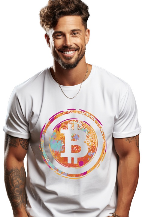 Мъжка тениска с биткойн символ в кръг, крипто, виртуални валути, NFT, инвестиции,, Бял