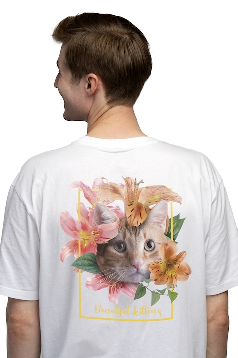 Мъжка тениска с котка, покрита с цветни цветя, космат домашен любимец, котки и кучета, Чисто бяло