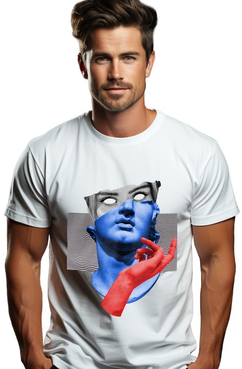 Мъжка тениска Персонализирана ръка, статуя, колаж, с щампа на лицето, 100% памук, бяла, L