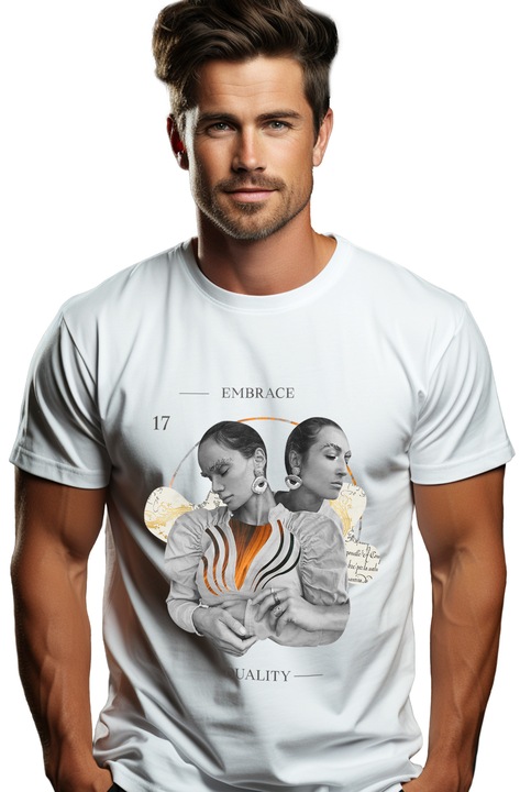 Персонализирана мъжка тениска Embrace Duality, щампа отпред, 100% памук, бяла, L