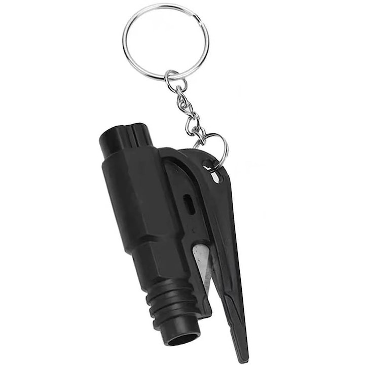 Dispozitiv tip breloc 3 in 1, pentru spargere geam auto, taiere centura de siguranta auto si fluier in caz de urgenta, negru, Dactylion®