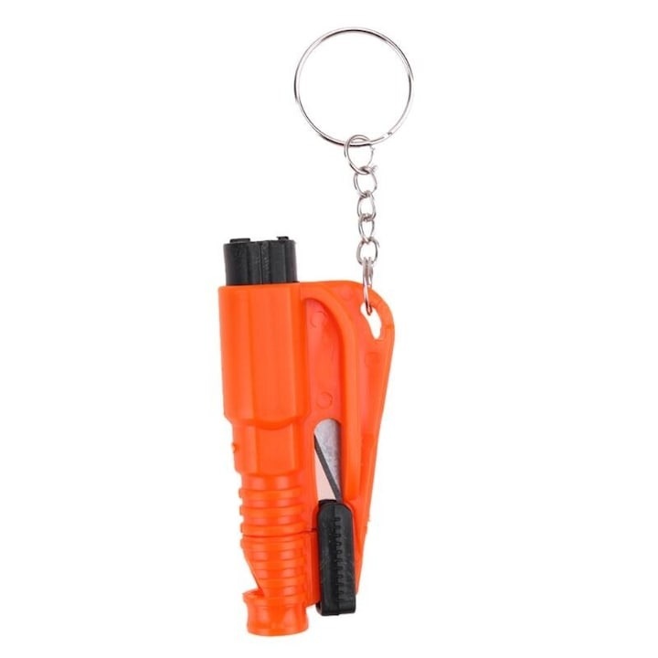 Уред тип ключодържател 3 в 1, за счупване на стъкло на кола, срязване на колан и свирка при спешност, оранжев, Dactylion®