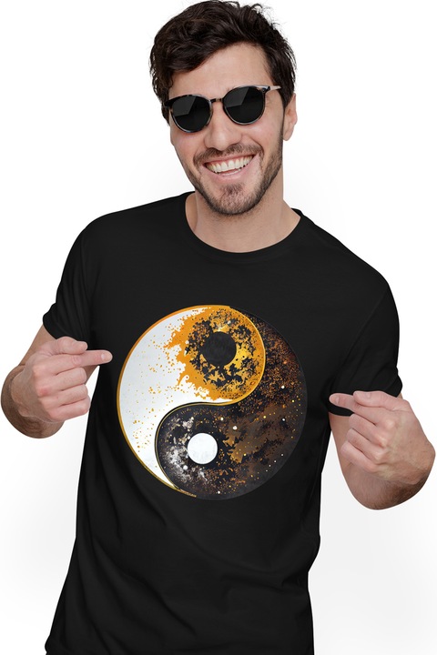 Tricou Barbati Cu Simbol Ying Si Yang, Bine Si Rau, Discrepanta Dintre Alb Si Negru, Crezatorii De Mit, cu imprimeu pe Fata, 100% Bumbac, Negru, S