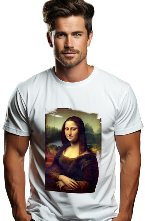 Мъжка тениска с картина в стил Джоконда, Леонардо да Винчи, Мона Лиза, класическо изкуство, Бял