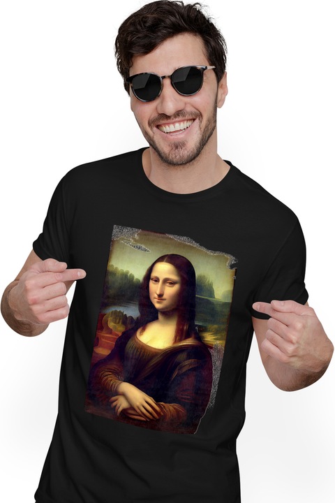 Мъжка тениска с картина в стил Джоконда, Леонардо да Винчи, Мона Лиза, класическо изкуство, Черен