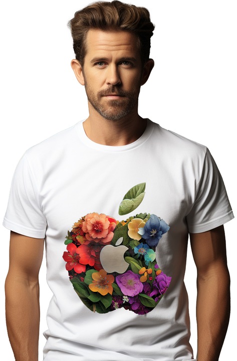 Мъжка тениска със символ, лого на Apple Style, ябълка, пълна с мускатни цветя, Стив Джобс, напреднали технологии, Бял