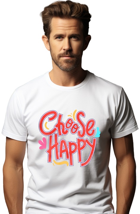 Мъжка тениска с романтичен текст на английски Chose Happy, Choose Happiness, Dragobete,, Бял
