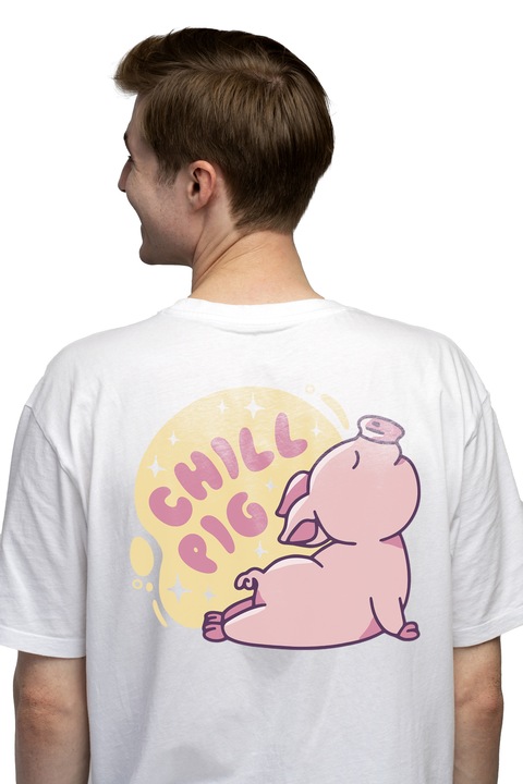 Мъжка тениска с прасе, което прави йога, забавен текст Chill Pig, медитация, любители на йога, релаксация, Чисто бяло