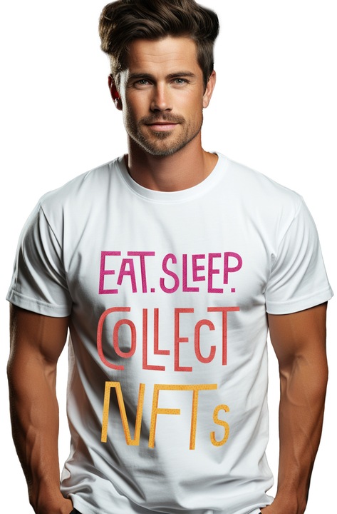 Мъжка тениска със съобщение на английски Яжте Спете Събирайте NFT, текст на английски, Бял